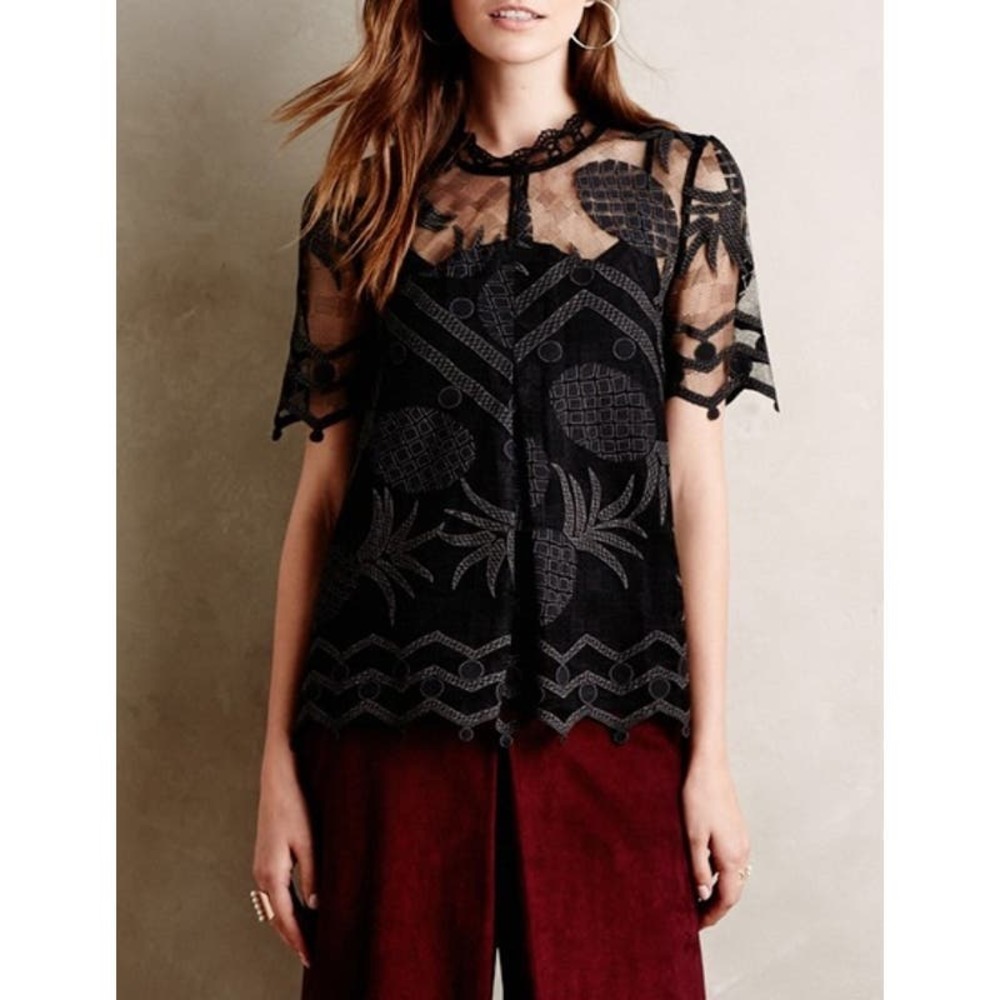 Anthropologie Women's HD in Paris Black Pineapple Lilyโ Lace Blouse Top Size 4